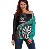 Personalised New Zealand Darts Off Shoulder Sweater Koru Tribal Tattoo and Silver Fern Maori Pattern Teal Color