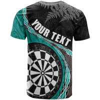 Personalised New Zealand Darts T Shirt Koru Tribal Tattoo and Silver Fern Maori Pattern Teal Color