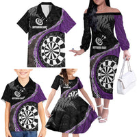 Personalised New Zealand Darts Family Matching Off The Shoulder Long Sleeve Dress and Hawaiian Shirt Koru Tribal Tattoo and Silver Fern Maori Pattern Purple Color