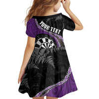 Personalised New Zealand Darts Family Matching Off Shoulder Short Dress and Hawaiian Shirt Koru Tribal Tattoo and Silver Fern Maori Pattern Purple Color