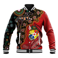 Tonga Ngatu and Australia Together Baseball Jacket Polynesian Humpback Whale and Aboriginal Kangaroo LT03 Unisex Red - Polynesian Pride