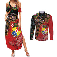Tonga Ngatu and Australia Together Couples Matching Summer Maxi Dress and Long Sleeve Button Shirt Polynesian Humpback Whale and Aboriginal Kangaroo LT03 Red - Polynesian Pride