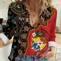 Tonga Ngatu and Australia Together Women Casual Shirt Polynesian Humpback Whale and Aboriginal Kangaroo