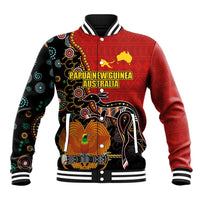 Personalised Papua New Guinea and Australia Together Baseball Jacket Bird-of-paradise and Kangaroo with Aboriginal Pattern LT03 Unisex Red - Polynesian Pride