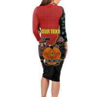 Personalised Papua New Guinea and Australia Together Long Sleeve Bodycon Dress Bird-of-paradise and Kangaroo with Aboriginal Pattern