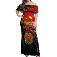 Personalised Papua New Guinea and Australia Together Off Shoulder Maxi Dress Bird-of-paradise and Kangaroo with Aboriginal Pattern