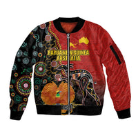 Personalised Papua New Guinea and Australia Together Sleeve Zip Bomber Jacket Bird-of-paradise and Kangaroo with Aboriginal Pattern