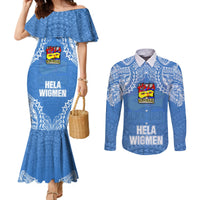 Hela Wigmen Rugby Couples Matching Mermaid Dress and Long Sleeve Button Shirts Papua New Guinea Polynesian Tattoo LT03 Blue - Polynesian Pride