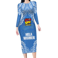 Hela Wigmen Rugby Family Matching Long Sleeve Bodycon Dress and Hawaiian Shirt Papua New Guinea Polynesian Tattoo LT03 Mom's Dress Blue - Polynesian Pride