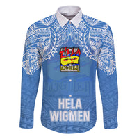 Hela Wigmen Rugby Family Matching Off Shoulder Long Sleeve Dress and Hawaiian Shirt Papua New Guinea Polynesian Tattoo LT03 Dad's Shirt - Long Sleeve Blue - Polynesian Pride