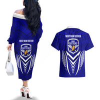 Kimbe Cutters Rugby Couples Matching Off The Shoulder Long Sleeve Dress and Hawaiian Shirt Papua New Guinea Polynesian Tattoo Blue Version LT03 - Polynesian Pride