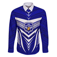 Kimbe Cutters Rugby Family Matching Long Sleeve Bodycon Dress and Hawaiian Shirt Papua New Guinea Polynesian Tattoo Blue Version LT03 Dad's Shirt - Long Sleeve Blue - Polynesian Pride