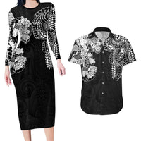 Japanese Irezumi and Hawaiian Polynesian Art Tattoo Couples Matching Long Sleeve Bodycon Dress and Hawaiian Shirt Black Color - Polynesian Pride