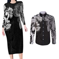 Japanese Irezumi and Hawaiian Polynesian Art Tattoo Couples Matching Long Sleeve Bodycon Dress and Long Sleeve Button Shirt Black Color - Polynesian Pride