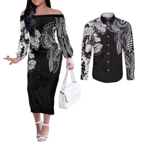 Japanese Irezumi and Hawaiian Polynesian Art Tattoo Couples Matching Off The Shoulder Long Sleeve Dress and Long Sleeve Button Shirt Black Color - Polynesian Pride