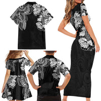 Japanese Irezumi and Hawaiian Polynesian Art Tattoo Family Matching Short Sleeve Bodycon Dress and Hawaiian Shirt Black Color - Polynesian Pride