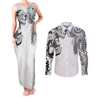 Japanese Irezumi and Hawaiian Polynesian Art Tattoo Couples Matching Tank Maxi Dress and Long Sleeve Button Shirt White Color - Polynesian Pride