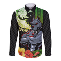 Hawaii Kaimuki High School Long Sleeve Button Shirt Tribal Kakau Pattern Mix Hibiscus Flower LT03 Unisex Black - Polynesian Pride