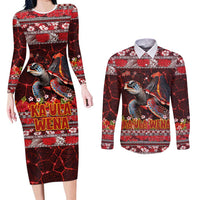 Hawaii KaUla Wena Volcano Turtle Couples Matching Long Sleeve Bodycon Dress and Long Sleeve Button Shirt Lava and Tropical Plants Tribal Pattern LT03 Red - Polynesian Pride