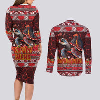 Hawaii KaUla Wena Volcano Turtle Couples Matching Long Sleeve Bodycon Dress and Long Sleeve Button Shirt Lava and Tropical Plants Tribal Pattern LT03 - Polynesian Pride