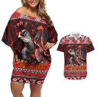 Hawaii KaUla Wena Volcano Turtle Couples Matching Off Shoulder Short Dress and Hawaiian Shirt Lava and Tropical Plants Tribal Pattern LT03 Red - Polynesian Pride