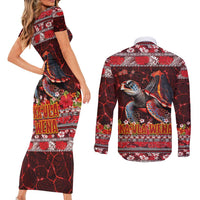 Hawaii KaUla Wena Volcano Turtle Couples Matching Short Sleeve Bodycon Dress and Long Sleeve Button Shirt Lava and Tropical Plants Tribal Pattern LT03 - Polynesian Pride