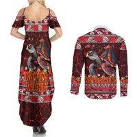 Hawaii KaUla Wena Volcano Turtle Couples Matching Summer Maxi Dress and Long Sleeve Button Shirt Lava and Tropical Plants Tribal Pattern LT03 - Polynesian Pride