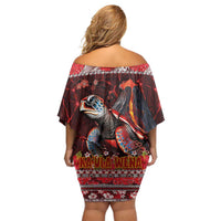 Hawaii KaUla Wena Volcano Turtle Off Shoulder Short Dress Lava and Tropical Plants Tribal Pattern LT03 - Polynesian Pride