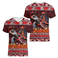 Hawaii KaUla Wena Volcano Turtle Women V-Neck T-Shirt Lava and Tropical Plants Tribal Pattern LT03 - Polynesian Pride