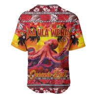 Hawaii KaʻUla Wena Octopus Baseball Jersey Oceanic Red with Corals and Tropical On Sunset Landscape