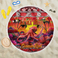 Hawaii KaUla Wena Octopus Beach Blanket Oceanic Red with Corals and Tropical On Sunset Landscape LT03 One Size 150cm Red - Polynesian Pride