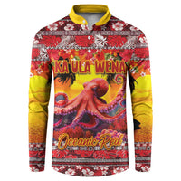Hawaii KaUla Wena Octopus Button Sweatshirt Oceanic Red with Corals and Tropical On Sunset Landscape LT03 Red - Polynesian Pride
