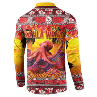 Hawaii KaUla Wena Octopus Button Sweatshirt Oceanic Red with Corals and Tropical On Sunset Landscape LT03 - Polynesian Pride