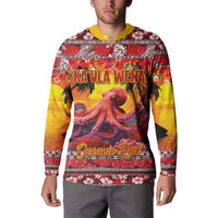 Hawaii KaUla Wena Octopus Button Sweatshirt Oceanic Red with Corals and Tropical On Sunset Landscape LT03 - Polynesian Pride