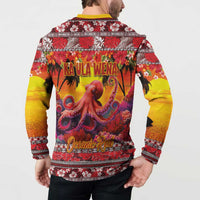 Hawaii KaUla Wena Octopus Button Sweatshirt Oceanic Red with Corals and Tropical On Sunset Landscape LT03 - Polynesian Pride