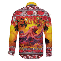 Hawaii KaʻUla Wena Octopus Family Matching Off The Shoulder Long Sleeve Dress and Hawaiian Shirt Oceanic Red with Corals and Tropical On Sunset Landscape