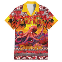 Hawaii KaʻUla Wena Octopus Family Matching Short Sleeve Bodycon Dress and Hawaiian Shirt Oceanic Red with Corals and Tropical On Sunset Landscape
