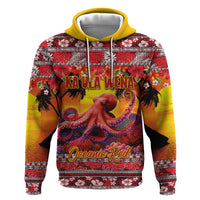 Hawaii KaʻUla Wena Octopus Hoodie Oceanic Red with Corals and Tropical On Sunset Landscape