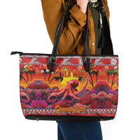 Hawaii KaUla Wena Octopus Leather Tote Bag Oceanic Red with Corals and Tropical On Sunset Landscape LT03 - Polynesian Pride