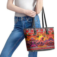 Hawaii KaUla Wena Octopus Leather Tote Bag Oceanic Red with Corals and Tropical On Sunset Landscape LT03 - Polynesian Pride