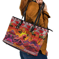 Hawaii KaUla Wena Octopus Leather Tote Bag Oceanic Red with Corals and Tropical On Sunset Landscape LT03 - Polynesian Pride
