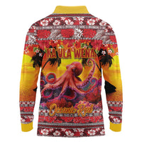 Hawaii KaʻUla Wena Octopus Long Sleeve Polo Shirt Oceanic Red with Corals and Tropical On Sunset Landscape