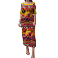 Hawaii KaUla Wena Octopus Puletasi Oceanic Red with Corals and Tropical On Sunset Landscape LT03 Long Dress Red - Polynesian Pride