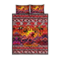 Hawaii KaʻUla Wena Octopus Quilt Bed Set Oceanic Red with Corals and Tropical On Sunset Landscape