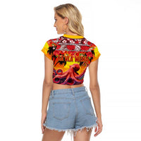 Hawaii KaUla Wena Octopus Raglan Cropped T Shirt Oceanic Red with Corals and Tropical On Sunset Landscape LT03 - Polynesian Pride