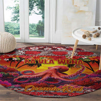 Hawaii KaʻUla Wena Octopus Round Carpet Oceanic Red with Corals and Tropical On Sunset Landscape