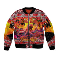 Hawaii KaUla Wena Octopus Sleeve Zip Bomber Jacket Oceanic Red with Corals and Tropical On Sunset Landscape LT03 Unisex Red - Polynesian Pride