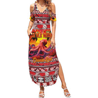 Hawaii KaUla Wena Octopus Summer Maxi Dress Oceanic Red with Corals and Tropical On Sunset Landscape LT03 Women Red - Polynesian Pride