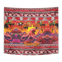 Hawaii KaʻUla Wena Octopus Tapestry Oceanic Red with Corals and Tropical On Sunset Landscape