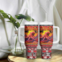 Hawaii KaʻUla Wena Octopus Tumbler With Handle Oceanic Red with Corals and Tropical On Sunset Landscape